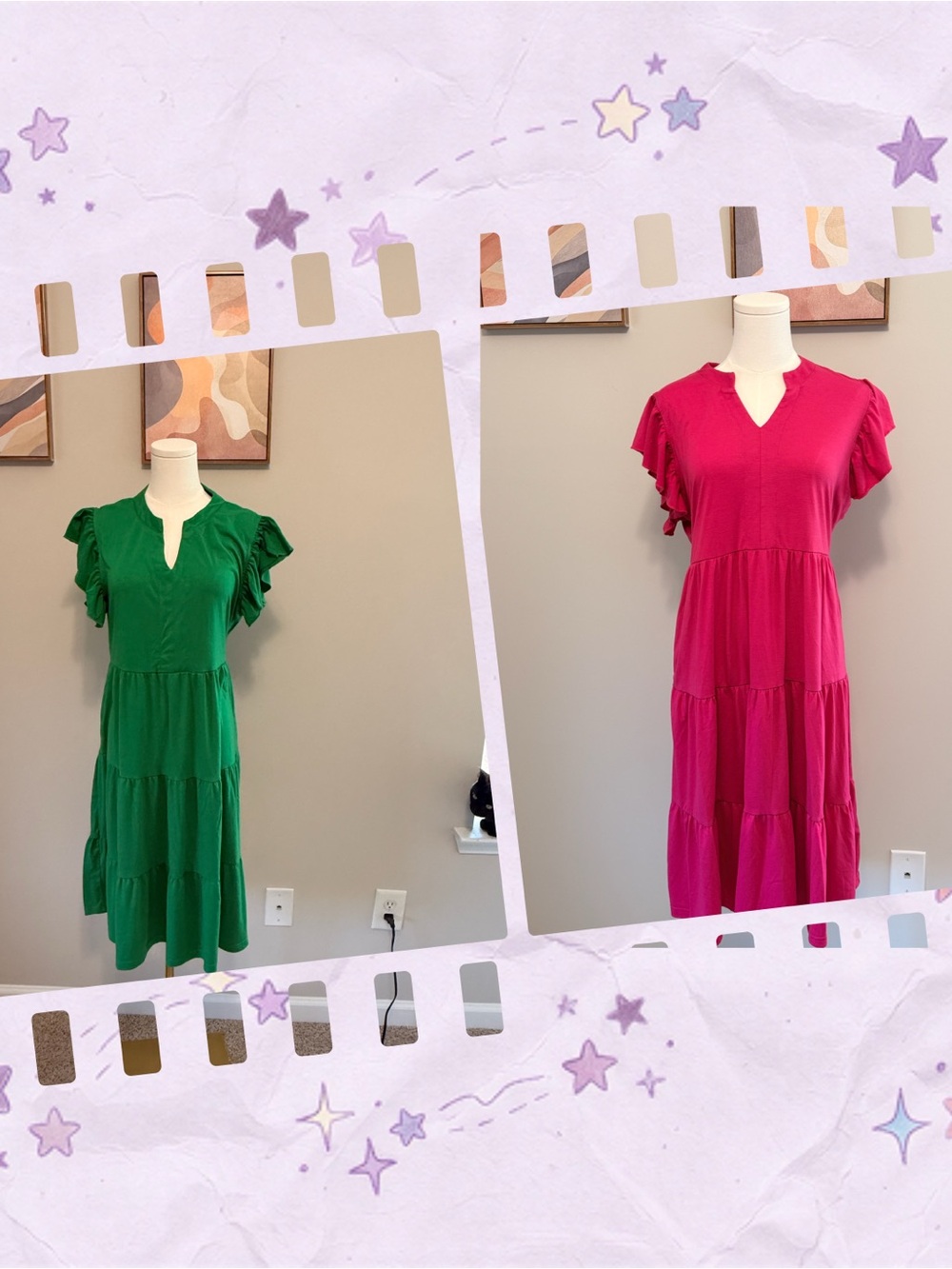 Tiered V-Neck Midi Dress with Flutter Sleeves in Green and Pink